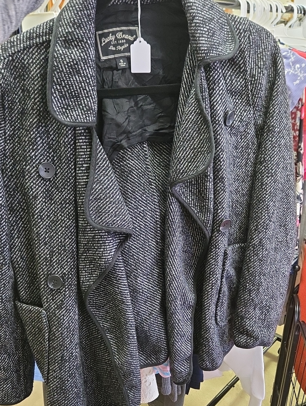 Lucky Brand Black & White Tweed Pea Coat with Piped Trim
